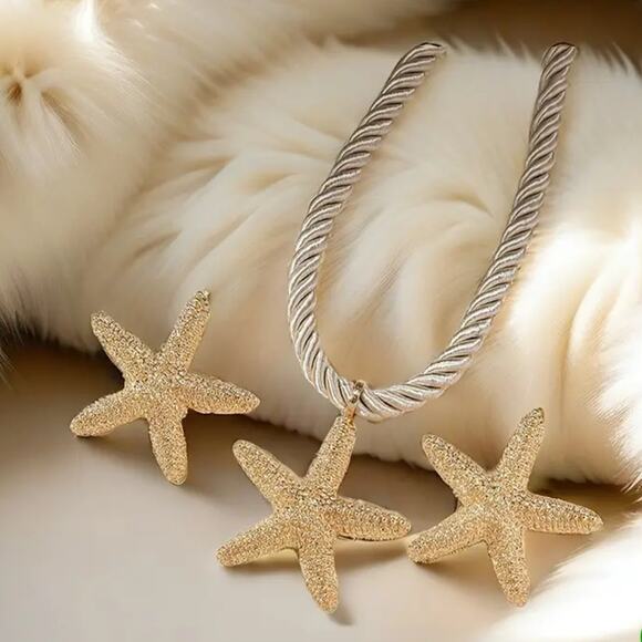 Starfish Necklace Women's Earrings Set Gold Nautical Cruise Ocean Vibes Beach - Picture 2 of 3